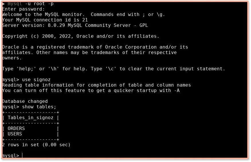 显示 MySQL 数据库工作的终端屏幕截图