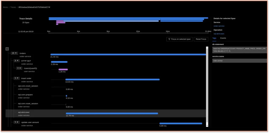 甘特图显示各种 SQL DB 调用中使用的时间详细信息